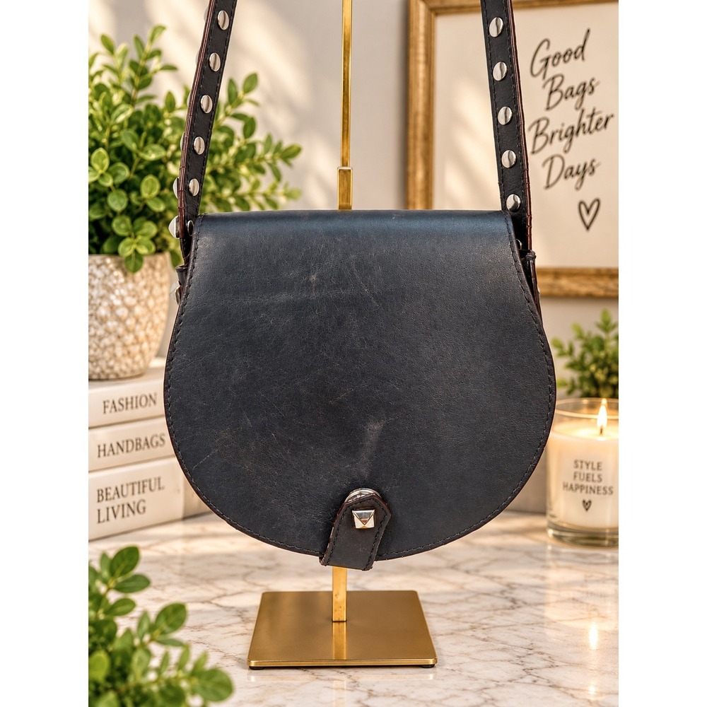 Rebecca Minkoff Black Leather Studded Saddle Crossbody Bag Small Rounded Flap